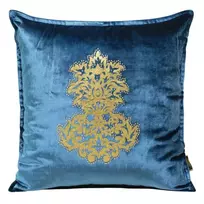 Eurofirany ROYAL 4 Aksominis pagalvės užvalkalas su auksiniu ornamentu, 45X45 cm, spalva: mėlyna
