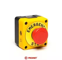 Emas Promet 40mm (1NC) juodai geltona saugiojo lydinio juosta su aprašomąja plokšte "Avarinis sustojimas" - P1EC400E40- K