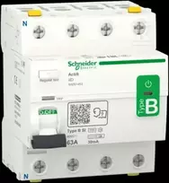 „SCHNEIDER ELECTRIC“ RCCB HPFI automatinis jungiklis 4P 63A 30mA B-SI klasės AC/DC, skirtas įrenginiams su 3 fazių dažnio keitikliu ir nuolatinės srovės inverteriu.