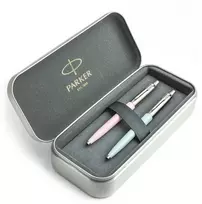Parker Jotter Originals Rožinė ir Pastel Mėlyna Tušinukų dovanų rinkinys su metaliniu dėklu