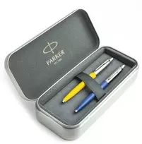 Parker Jotter Originals Geltona ir Mėlyna Tušinukų dovanų rinkinys su metaliniu dėklu