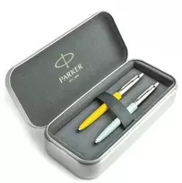 Parker Jotter Originals Geltona ir Pastel Mėlyna Tušinukų dovanų rinkinys su metaliniu dėklu