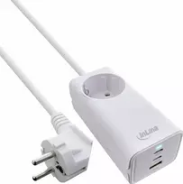 InLine® USB maitinimo šaltinis, 65 W įkroviklis, 2x USB-C + 1x USB-A, su apsauginiu lizdu ir 1,5 m laidu, PD3.0 PPS GaN, balta