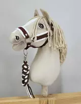 Super Hobby Horse Hobio žirgo kantaras A3 su baltais pūkais ir balta-ruda pavadėliu