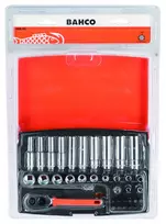Galvučių, terkšlės ir priedų rinkinukas 4-13mm, antgaliai PH,HEX,TORX 1/4" 37vnt blisteryje. Bahco