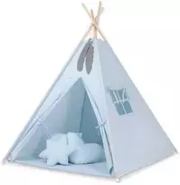 Vaikiška tipi palapinė su kilimėliu, pagalvėlėmis ir plunksnomis – mėlyna