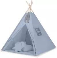 Vaikiška tipi palapinė su kilimėliu ir pagalvėlėmis – pasteliai mėlyna