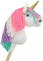 Hobby Horse vienaragis ant lazdos su spalvota karčiene ir auksiniu ragu A4