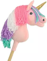 Super Hobby Horse Vienaragis ant lazdos Hobby Horse rožinis su spalvota karčiene ir auksiniu ragu