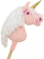 Super Hobby Horse Hobby Horse vienaragis ant lazdos rožinis su balta karčiene ir auksiniu ragu