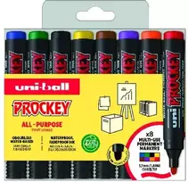 Uni-Ball „Uni Prockey“ žymeklių rinkinys, 8 vnt., kampuotas antgalis (juoda, raudona, mėlyna, žalia, geltona, ruda, oranžinė, violetinė), 5,7 mm linija - vandens pagrindo rašalas, „Waterproff“, „Fadeproff“, bekvapis rašalas