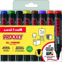 Uni-Ball Uni Prockey žymekliai, 8 vnt. rinkinys, apvaliais galiukais (juoda, raudona, mėlyna, žalia, geltona, ruda, oranžinė, violetinė), linijos 1,8–2,2 mm - Vandens pagrindo rašalas, Waterproff, Fadeproff, bekvapis rašalas