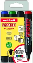 Uni-Ball Uni Prockey žymekliai 4 vnt. rinkinys apvaliais antgaliais (juoda, raudona, mėlyna, žalia) linija 1,8-2,2 mm - Vandens pagrindo rašalas, Waterproff, Fadeproff, bekvapis rašalas