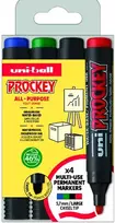 Uni-Ball Uni Prockey žymekliai, 4 vnt. rinkinys, kampuoti antgaliai (juoda, raudona, mėlyna, žalia), 5,7 mm linija - vandens pagrindo rašalas, Waterproff, Fadeproff, bekvapis rašalas
