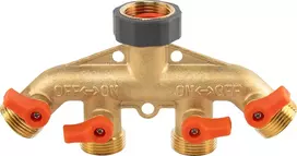 BRADAS 4-krypčių skirstytuvas, vidinis sriegis 3/4″ x išorinis sriegis 3/4″, žalvarinis su vožtuvais BRASS SOFT