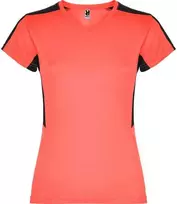 Roly Moteriški trumpų rankovių techniniai marškinėliai SUZUKA Fluoro koralų/juoda