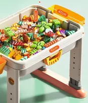 Lean Toys Bounn stalas su kėdute ir kaladėlėmis, daugiafunkcis ugdymo rinkinys vaikams
