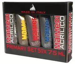 Maimeri „Acrilico“ rinkinys – akriliniai dažai, 5 x 75 ml tūbelės – Italijoje pagaminti akriliniai dažai (pagrindinės spalvos + juoda ir balta)