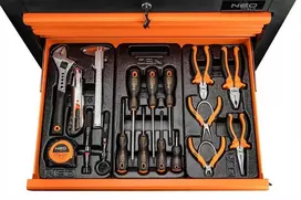 Neo Įrankių vežimėlis su 149 įrankiais mechaniniam darbui, dirbtuvių įrankių spintelė, 6 stalčių įrankių vežimėlio rinkinys, mechaniko įrankių vežimėlis