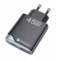 Įkroviklis jungiama į tinklą do telefonu Forcell F-Energy Ultra Slim GaN III 2 x USB C PD QC4.0 3A 45W B245201(2C) juoda