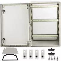 Stiklo pluošto elektros dėžutė lauko darbams, 60x40x23 cm, IP66 vandeniui atspari, hermetiška, su montavimo plokšte, NEMA plieno korpusas, jungiamųjų dėžių, paskirstymo dėžutė