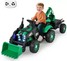 Promotions Elektrinis važiuojamas traktorius, 4-in-1 modelis su priekaba ir kaušu, žalias