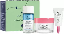 Collistar „Unbox Your Confidence“ rinkinys: hidro paakių gelis 5 ml + dvifazis makiažo valiklis 35 ml + giliai drėkinamasis kremas 30 ml