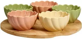 Secret De Gourmet Bamboo Užkandžių dubenėliai su gėlėmis ant bambukinio padėklo, 5 dubenėliai + lenta.
