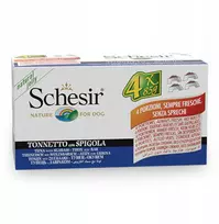 Schesir Daugkartinė pakuotė šlapiam šunų ėdalui, tunui su menke drebučiuose, 4 x 85 g, skardinė
