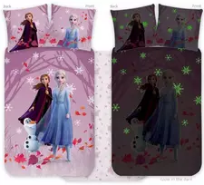 Disney „Ledo šalis“ violetinis, tamsoje šviečiantis vaikiškos antklodės užvalkalas 100x135cm, 40x60cm