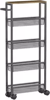 Virtuvinis vežimėlis, serviso vežimėlis su 5 lentynomis, ratinis virtuvės stovas su stalviršiu, ratukai, rankena 47 x 13 x 96,5 cm, juodas