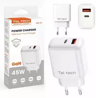 Teltech kroviklis jungiama į tinklą GaN USB+TYP-C 45W PD PPS balta TCH-03