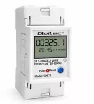 „Qoltec“ vienfazis elektroninis energijos suvartojimo skaitiklis, montuojamas ant DIN bėgelio | ATSTATYMAS | periodinis ir nuolatinis skaitiklis | 230 V | 60 A | LCD | LED | 2P