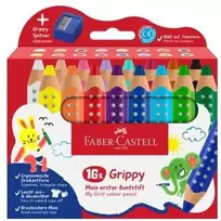 Faber-Castell - Spalvoti pieštukai su neslystančiu dangteliu, 16 vnt. rinkinys su drožtuku (110645)