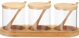 Zassenhaus Bamboo YULEA prieskonių indeliai, 3 x Ø 8,5 cm, ant bambukinio pagrindo