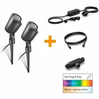 Steinel 2 x SPOT GARDEN 24V LED „Nightmatic“ sodo šviestuvų rinkinys, 7,84 W, 363 lm, 1800–4000 K, RGBWW, IP65, IK03, antracito / aliuminio, plius 35 W maitinimo šaltinis, laidas ir T formos jungtis.