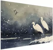 Artgeist Plakatas - Herons over a Winter Pond - illustration in the Japanese style in dark colors