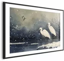 Artgeist Plakatas - Herons over a Winter Pond - illustration in the Japanese style in dark colors