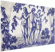 Artgeist Plakatas - Ancient Vineyard - three women in a portal painted in mėlynas ink