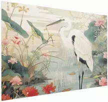 Artgeist Plakatas - Over the Asian Pond - illustration in the Japanese print style featuring a heron