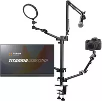TARION 4-in-1 stalo laikiklis su mikrofono ir monitoriaus mechaniniais lankstais TitanRig-Desk
