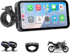 Carpuride motociklo GPS navigatorius su 6,3 colių lietimui jautriu ekranu, belaidžiu CarPlay ir Android Auto, 1080P priekine bei galine kamera, modelis W603D