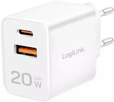 „LogiLink“ įkroviklis „LogiLink PA0369“ USB GaN sieninis įkroviklis, 20 W, 1x USB-C (PD), 1x USB-A, baltas