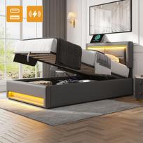Minkšta lova 90x200 cm su LED USB ir daiktadėže pilka PU oda be čiužinio 1 vnt