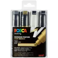 Posca - PC8K - Broad Tip Pen - Gold, Sidabrinis, Juodas and Baltas, 4 pc