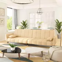 Dvivietė sofa-lova su dvejomis pagalvėmis, kreminė, aksomas