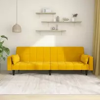Dvivietė sofa-lova su dvejomis pagalvėmis, geltona, aksomas