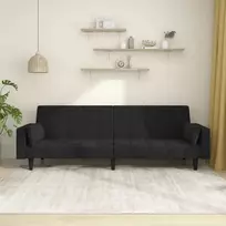 Dvivietė sofa-lova su dvejomis pagalvėmis, juoda, aksomas