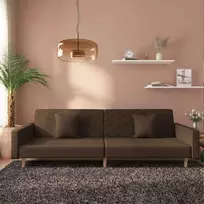 Dvivietė sofa-lova dvejomis pagalvėmis, rudos spalvos, audinys