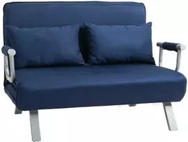 HOMCOM 2 vietų sofa-lova, sofa su reguliuojamu atlošu, dekoratyvinė pagalvė, sofa su aksomo efektu, porankiai, minkštas baldas svetainei, miegamajam, mėlyna
